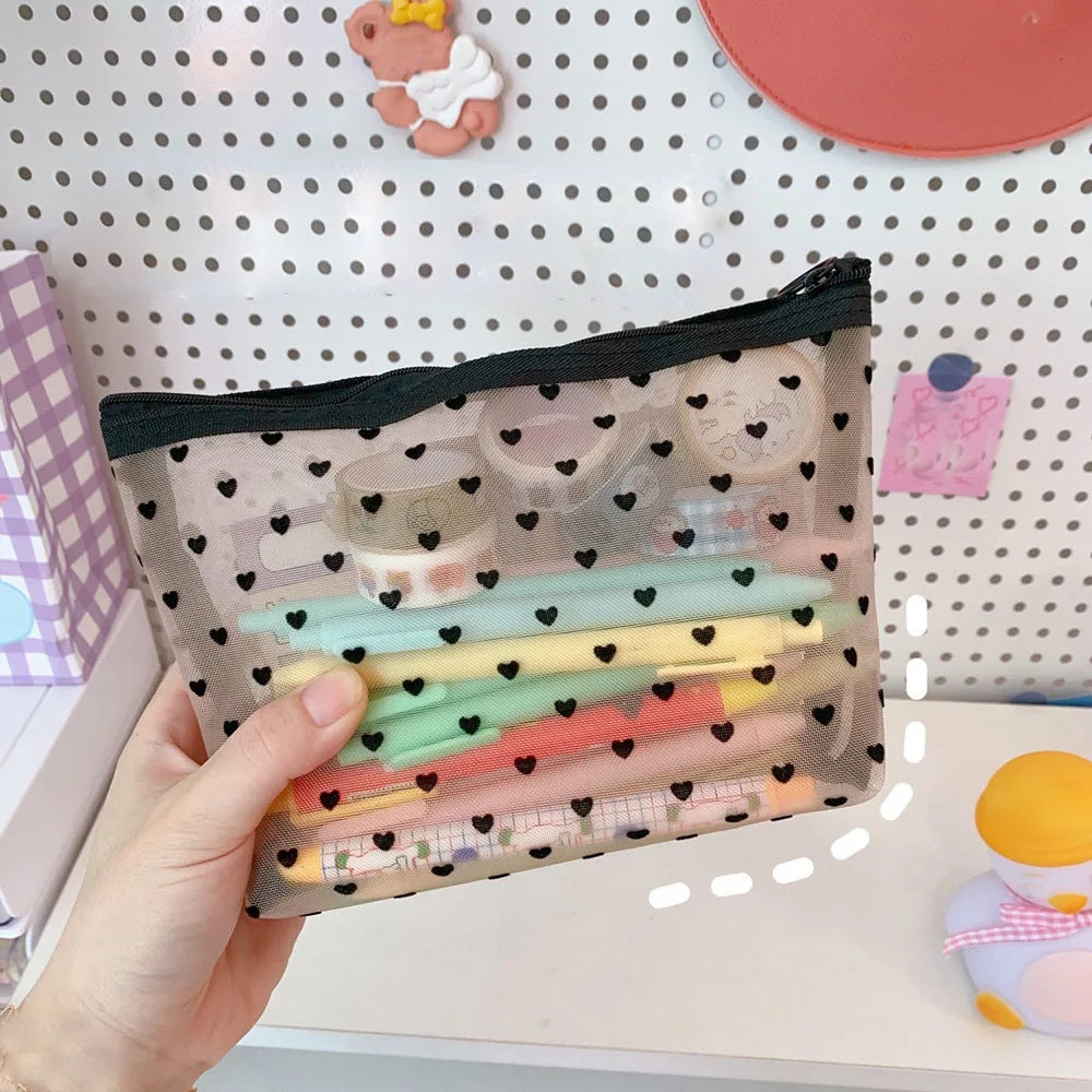 Transparent Heart Printed Mesh Makeup Bag Zipper Pouch