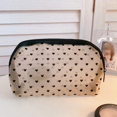 Transparent Heart Printed Mesh Makeup Bag Zipper Pouch