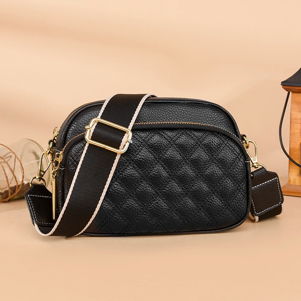 Cowhide Leather Messenger Handbag Multi-layer Pocket Camera Shoulder Bag