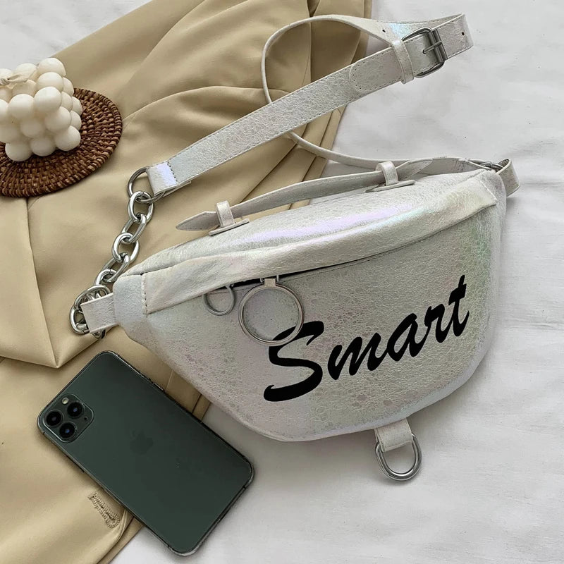 Metal Waist Packs Laser Leather Handbag 3 in 1 Chain Shoulder Bags