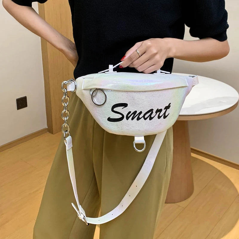Metal Waist Packs Laser Leather Handbag 3 in 1 Chain Shoulder Bags