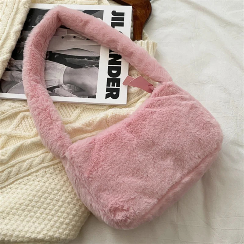 Vintage Fluffy Shoulder Handbag Solid Underarm Bag Portable Street Purse