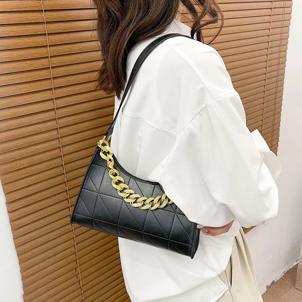 PU Leather Shoulder Bag Chain Rhombus Underarm Zipper Handbags