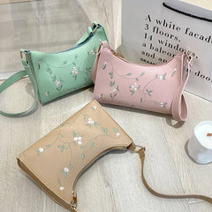 PU Ladies Embroidery Underarm Bag Retro Solid Handbags