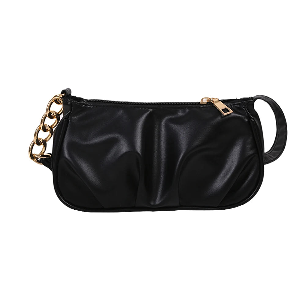 PU Leather Pleated Handbags Thick Chain Belt Splicing Underarm Purse