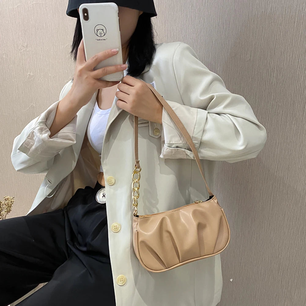 PU Leather Pleated Handbags Thick Chain Belt Splicing Underarm Purse