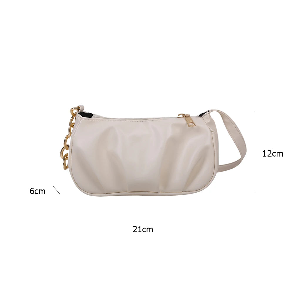 PU Leather Pleated Handbags Thick Chain Belt Splicing Underarm Purse