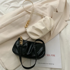PU Leather Pleated Handbags Thick Chain Belt Splicing Underarm Purse