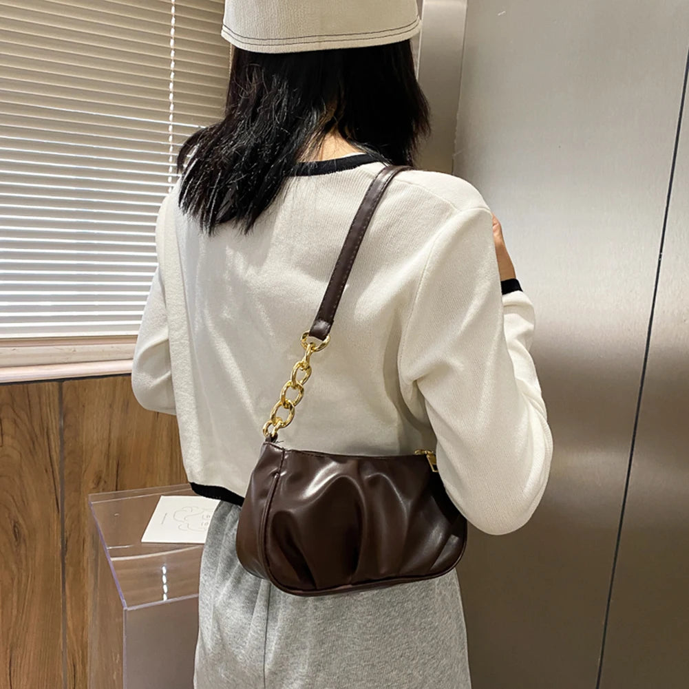 PU Leather Pleated Handbags Thick Chain Belt Splicing Underarm Purse