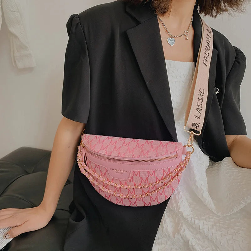PU Letter Small Waist Bag Women Waist Pack Lady Chain Wide Strap Fanny Packs