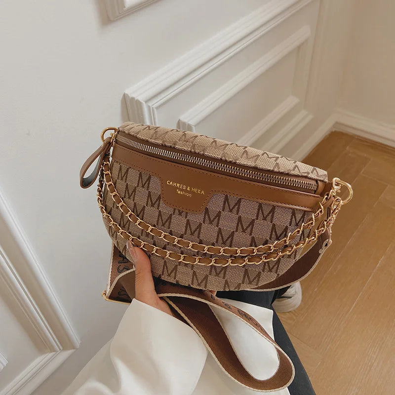 PU Letter Small Waist Bag Women Waist Pack Lady Chain Wide Strap Fanny Packs