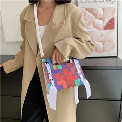 Patchwork Shoulder Bag For Women PU Leather Crossbody Bag with Scarf Handle