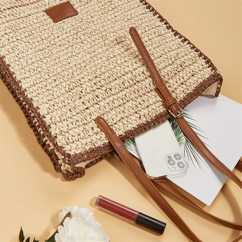 Summer Straw Shoulder Bag Square Beach Travel Tote