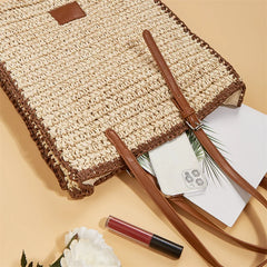 Summer Straw Shoulder Bag Square Beach Travel Tote