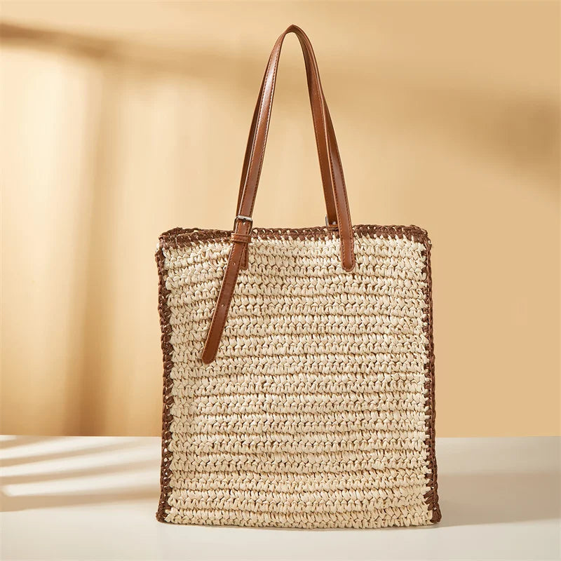 Summer Straw Shoulder Bag Square Beach Travel Tote