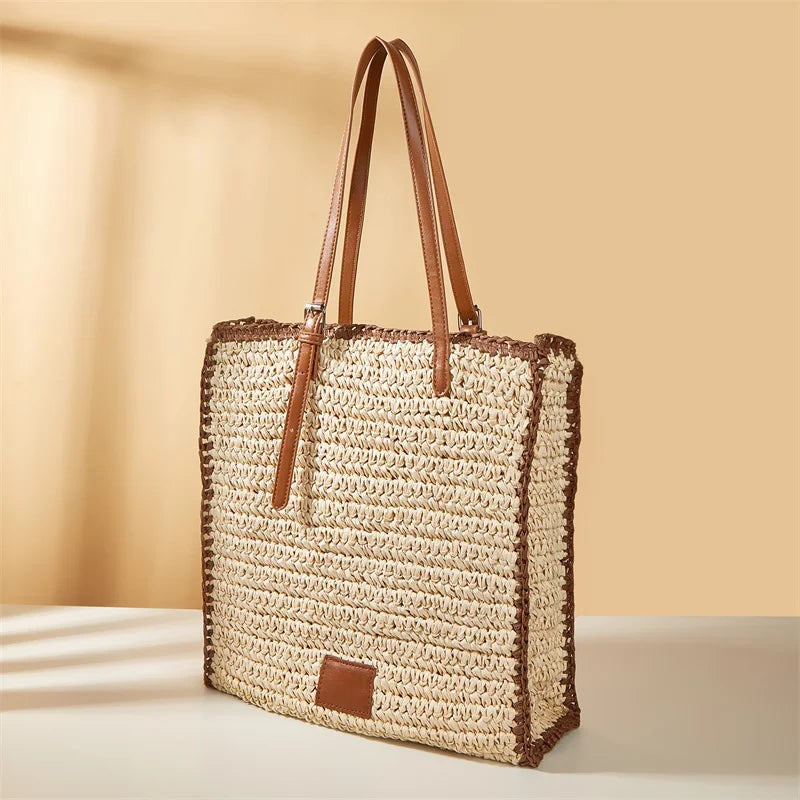 Summer Straw Shoulder Bag Square Beach Travel Tote