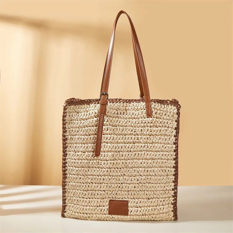 Summer Straw Shoulder Bag Square Beach Travel Tote