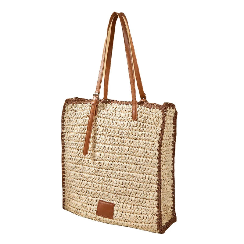 Summer Straw Shoulder Bag Square Beach Travel Tote