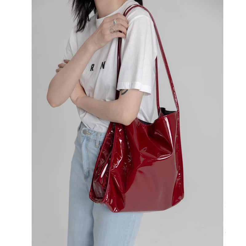 Vintage Patent Leather Women Shoulder Bags Large Capacity Ladies Shopping Bag