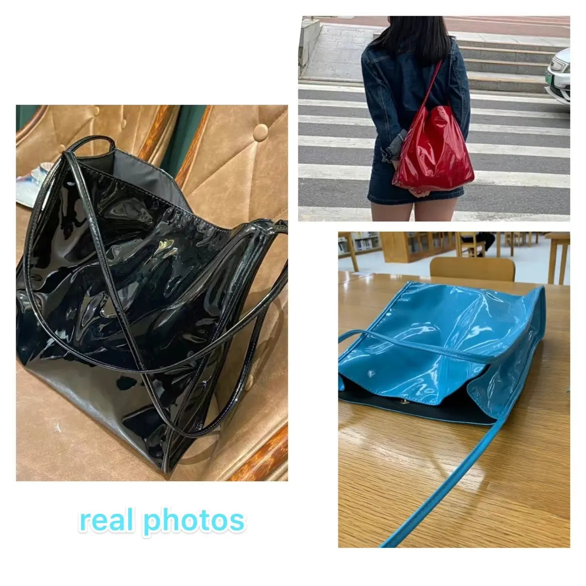 Vintage Patent Leather Women Shoulder Bags Large Capacity Ladies Shopping Bag