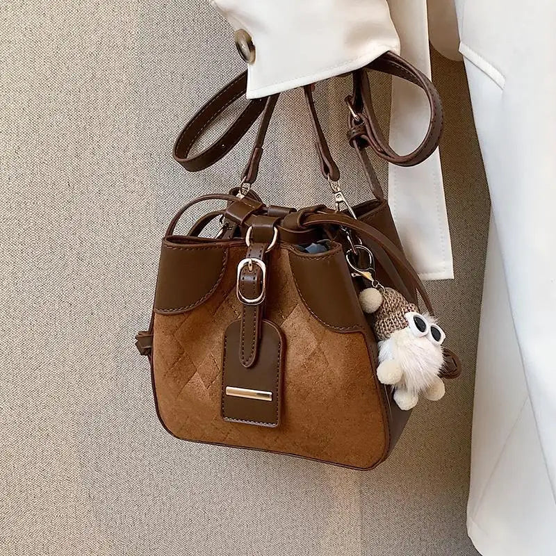 Plaid Bucket Bag Nubuck PU Leather Small Tote
