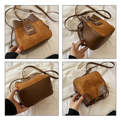 Plaid Bucket Bag Nubuck PU Leather Small Tote