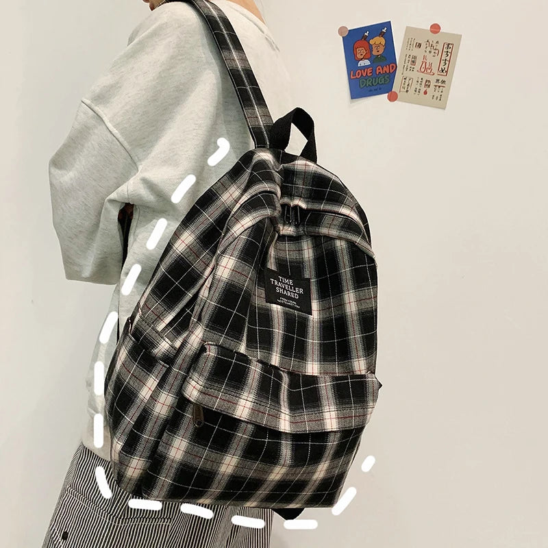 Plaid Canvas Women Backpack College Student Backpack Teenage Girl School Bags