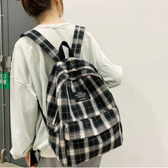 Plaid Canvas Women Backpack College Student Teenage Girl School Bags