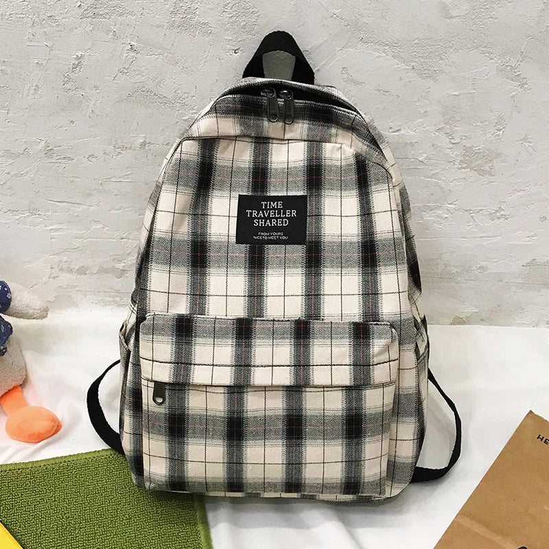 Plaid Canvas Women Backpack College Student Backpack Teenage Girl School Bags