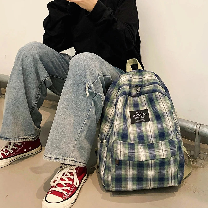 Plaid Canvas Women Backpack College Student Backpack Teenage Girl School Bags