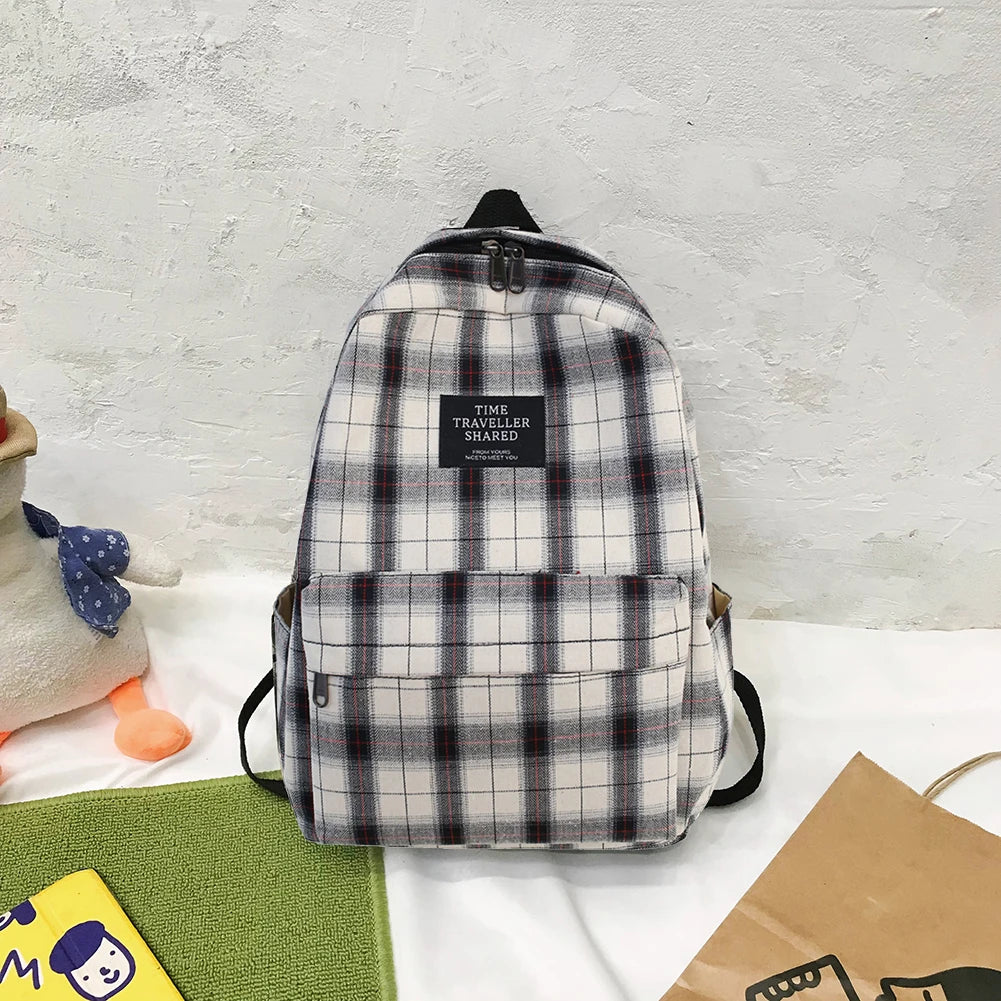 Plaid Canvas Women's Backpack College Student Backpack Teenage School Bags