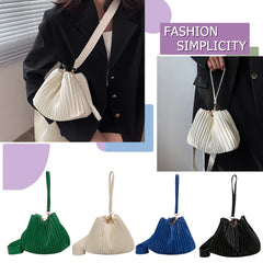 Pleated Crossbody Handbags PU Leather Solid Bucket Shoulder Bags