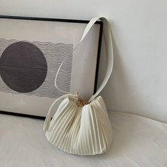 Pleated Crossbody Handbags PU Leather Solid Bucket Shoulder Bags