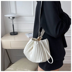 Pleated Crossbody Handbags PU Leather Women Solid Bucket Coin Purse