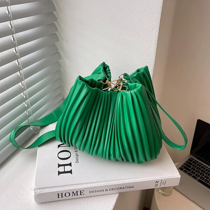 Pleated Crossbody Handbags PU Leather Women Solid Bucket Coin Purse