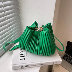 Pleated Crossbody Handbags PU Leather Women Solid Bucket Coin Purse