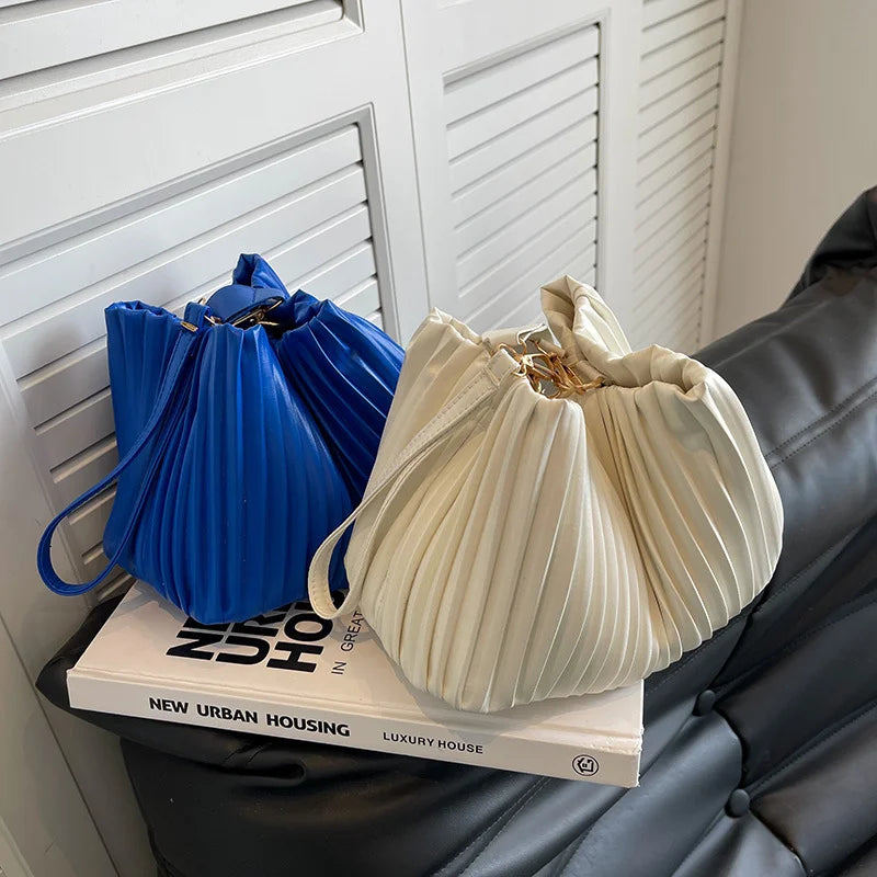 Pleated Crossbody Handbags PU Leather Women Solid Bucket Coin Purse
