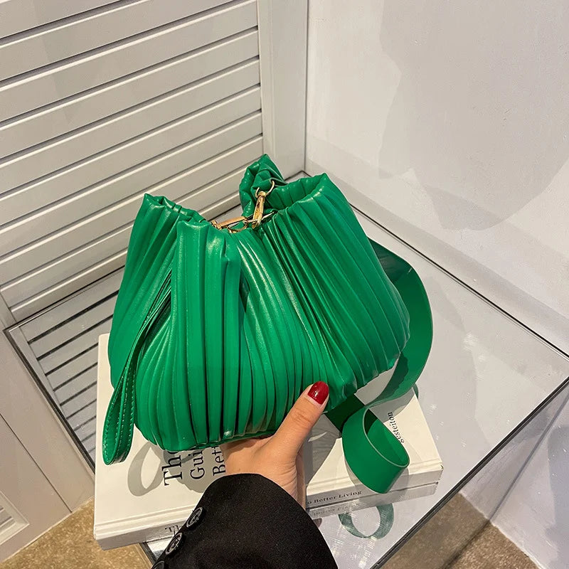 Pleated Crossbody Handbags PU Leather Women Solid Bucket Coin Purse
