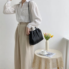 Retro Pleated Striped Shoulder Bag Women's Tote Handbag