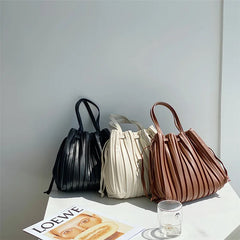 Retro Pleated Striped Shoulder Bag Women's Tote Handbag
