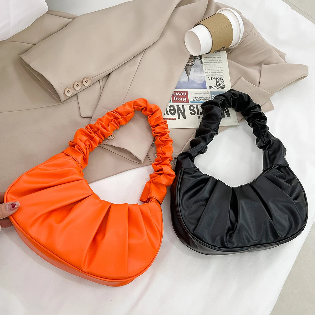 Vintage PU Leather Women Shoulder Bag Pleated Solid Casual Top-handle Handbag