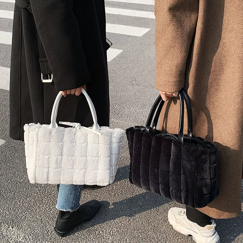 Plaid Shoulder Bags for Women Winter Faux Fur Shopper Bags