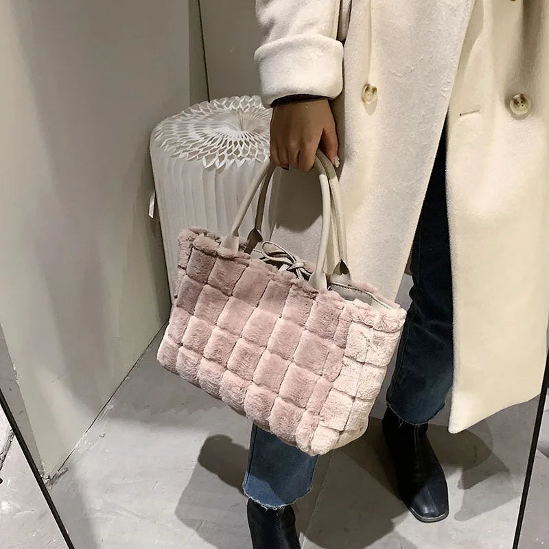 Plaid Shoulder Bags for Women Winter Faux Fur Shopper Bags