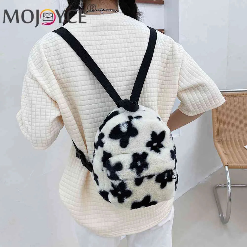 Flowers Printing Plush Backpack Casual Ladies Small Knapsack