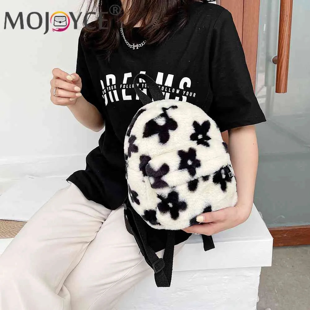 Flowers Printing Plush Backpack Casual Ladies Small Knapsack