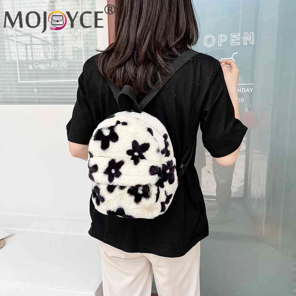 Flowers Printing Plush Backpack Casual Ladies Small Knapsack