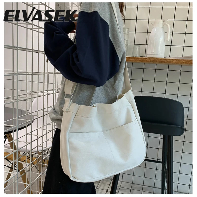 Preppy Style Women Hasp Canvas Shoulder Bag Casual Soft Zipper