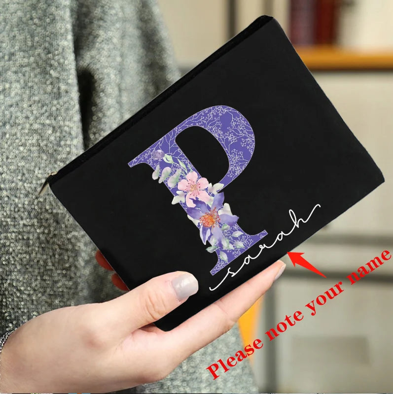 Purple Letters Cosmetic Bag Flower Print Personalized Names Storage Pouch
