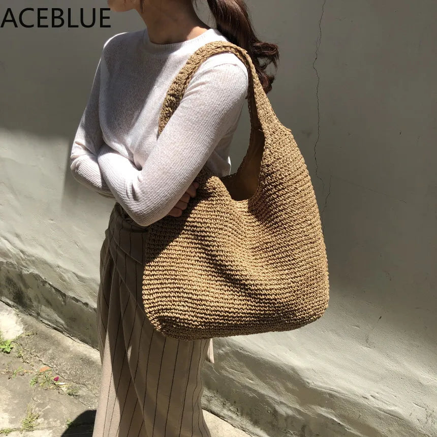 Rattan Women Shoulder Bags Woven Handbags Large Capacity Straw Bag