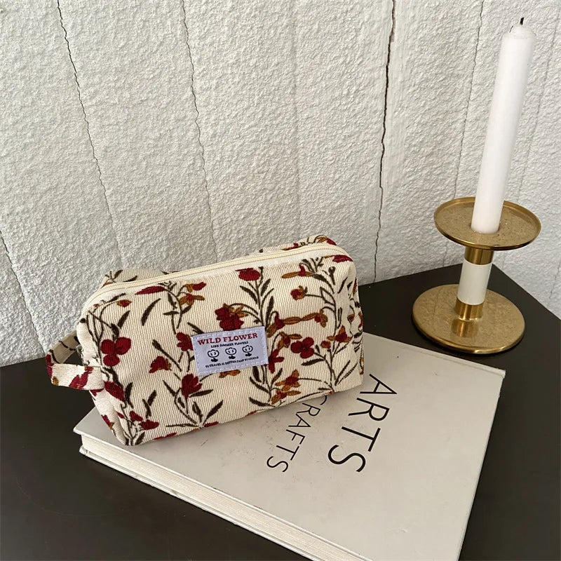 Retro Flowers Print Cosmetic Bag Canvas Washing Bag Large Capacity